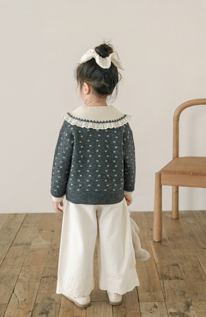 Girls Lace Collar Knit Cardigan, Grey Floral