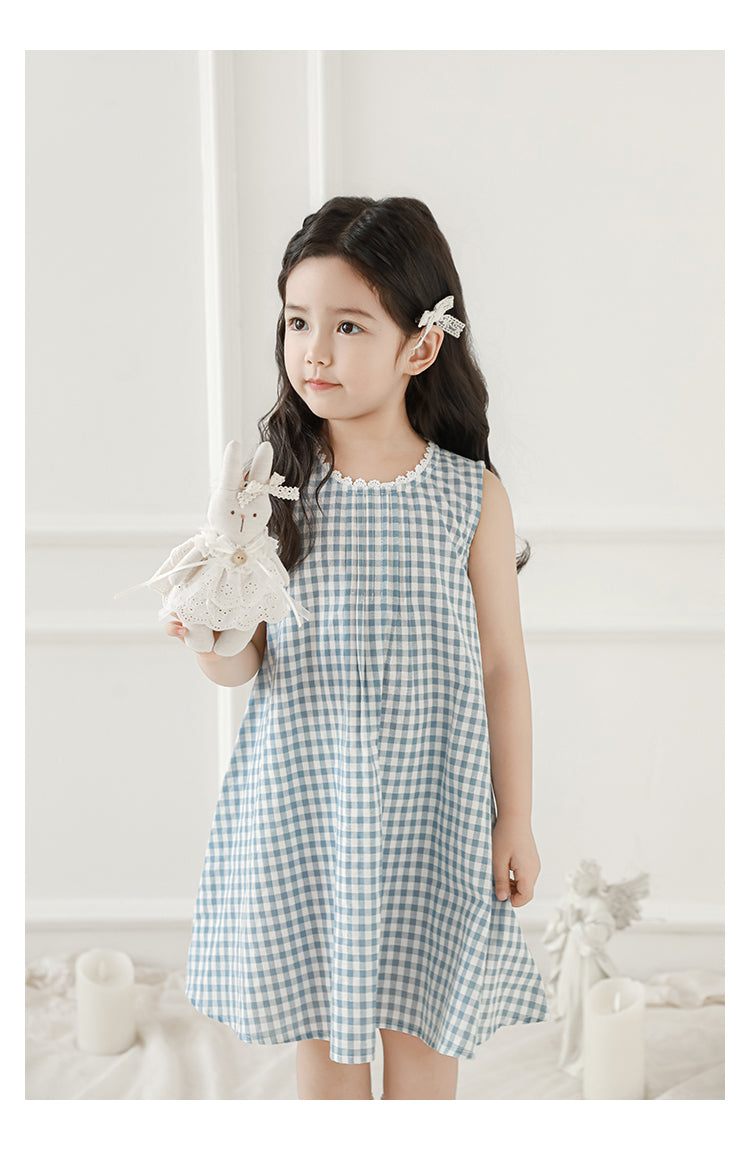 Girls Lace Trim Pleated Dress, Blue Gingham