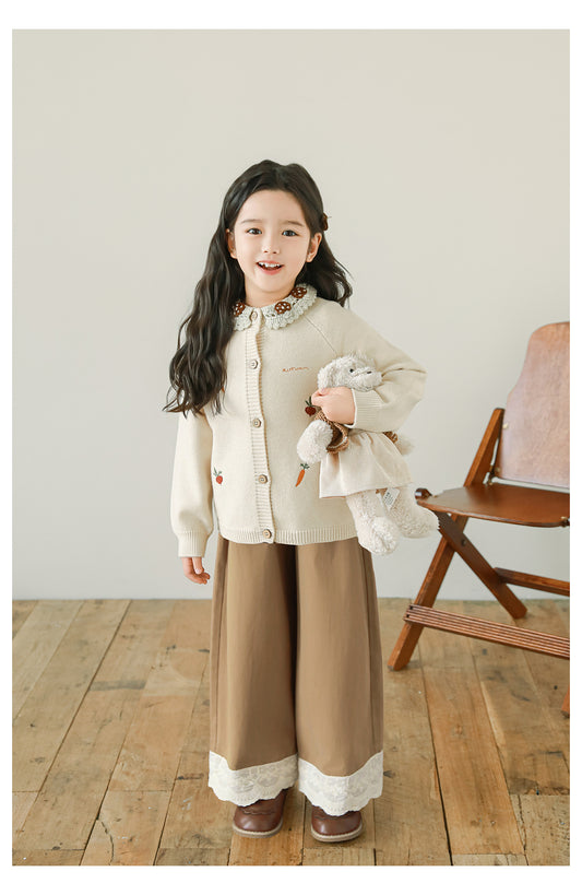 Girls Lace Hem Wide-Leg Trousers, Camel