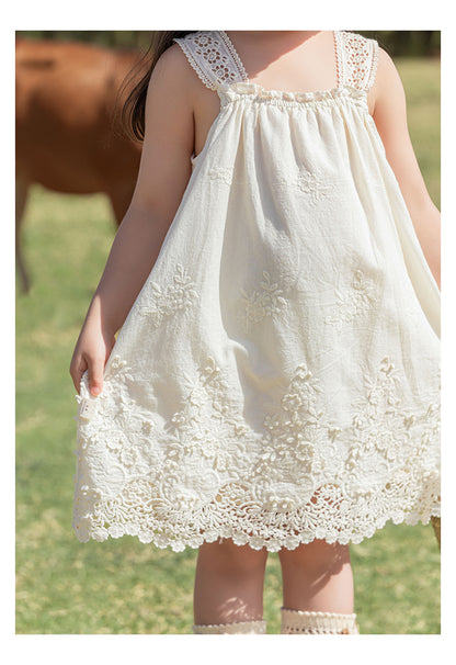 Girls Floral Embroidered Broderie Strap Dress, Ivory