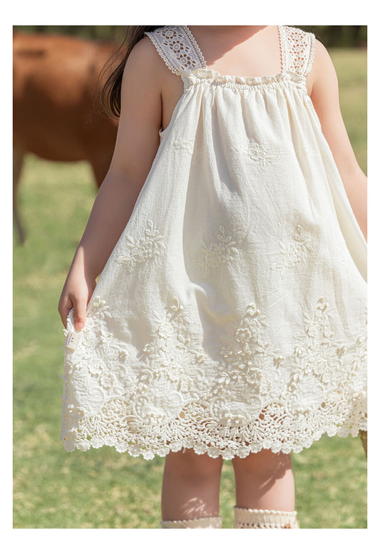 Girls Lace Strap Floral Embroidered Dress, Ivory White