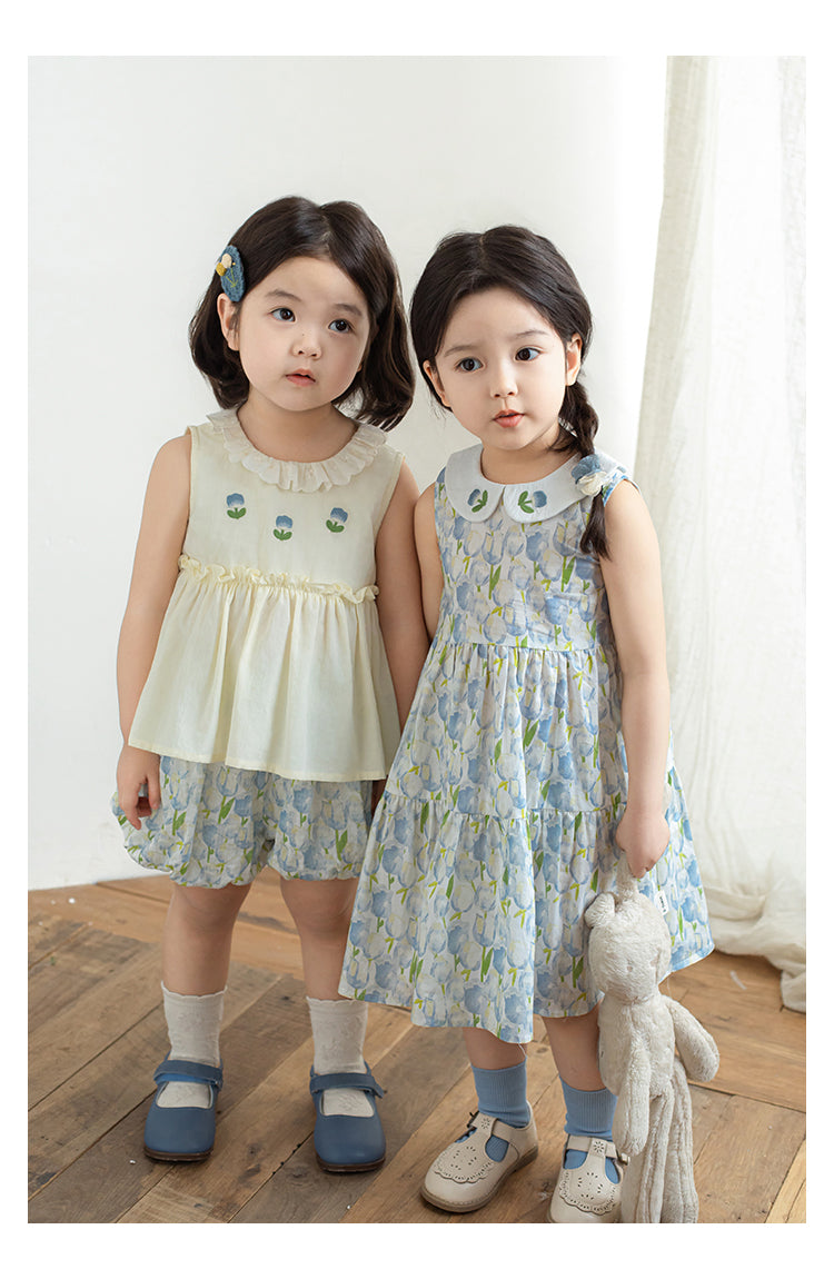 Girls Floral Embroidered Sleeveless Dress, Blue Tulips