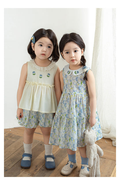 Girls Floral Embroidered Sleeveless Dress, Blue Tulips
