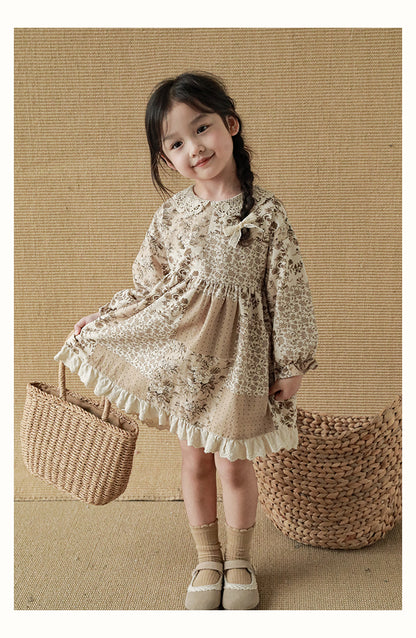 Girls Lace Detail Patchwork Dress, Cocoa Floral