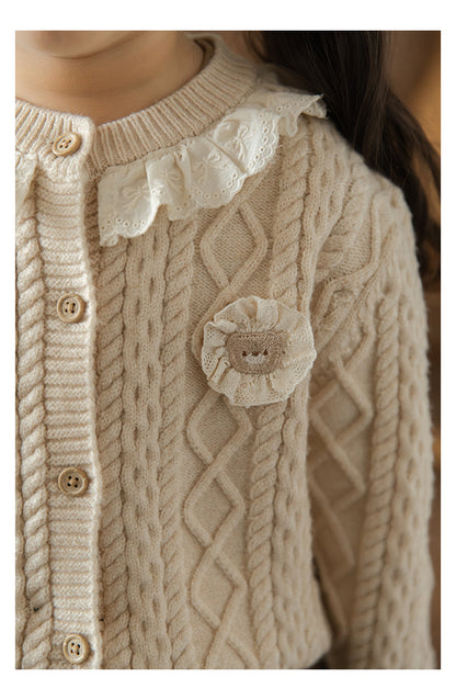 Baby Girl Bear Patch Lace Detail Cardigan, Oat