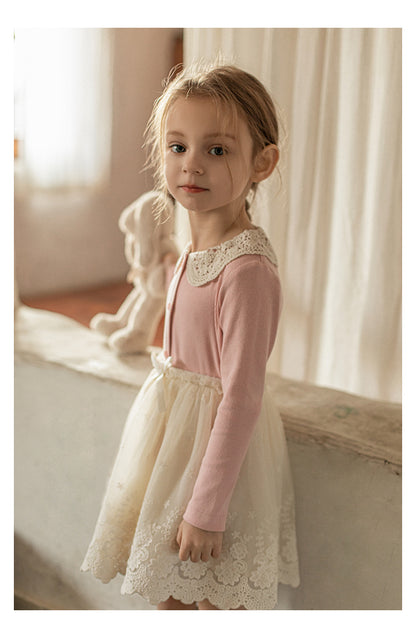 Girls Chiffon Layered Lace Embroidered Skirt, Ivory