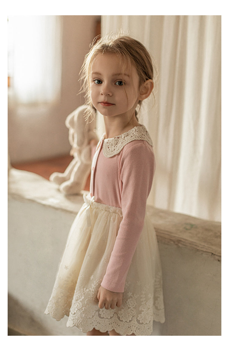 Girls Lace Collar Ribbed Button-Front Blouse, Blush Pink