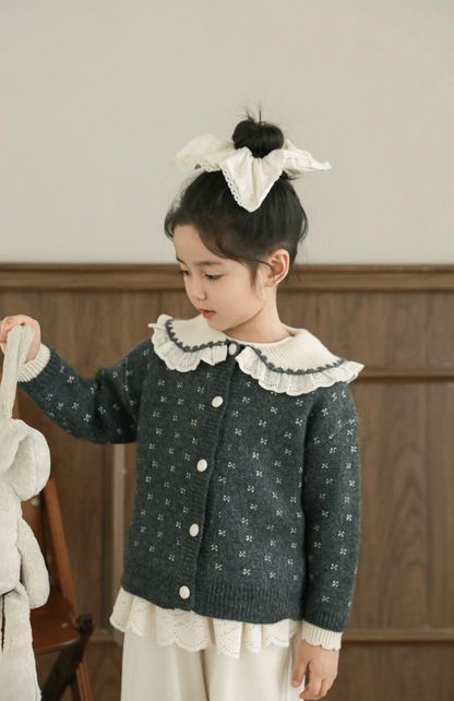 Girls Lace Collar Knit Cardigan, Grey Floral