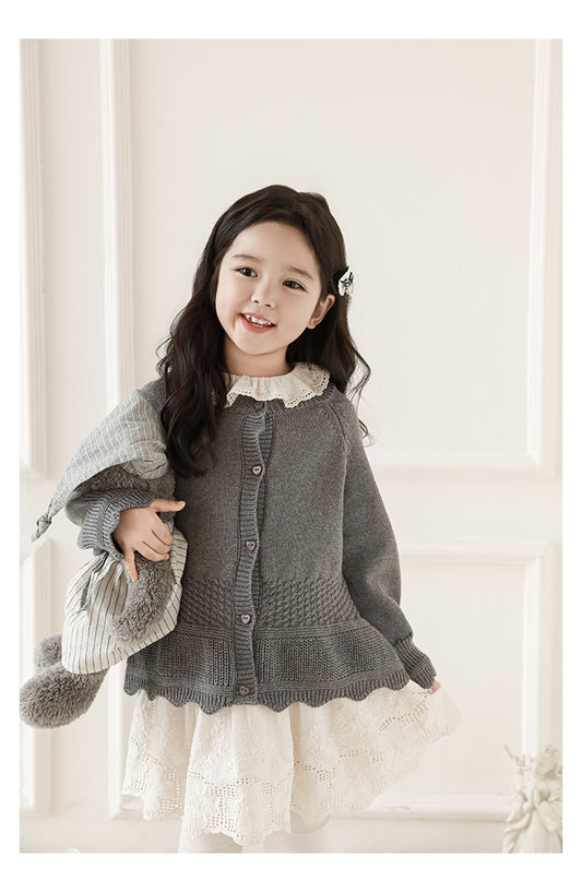 Girls Scalloped Textured Knit Cardigan, Medium Grey