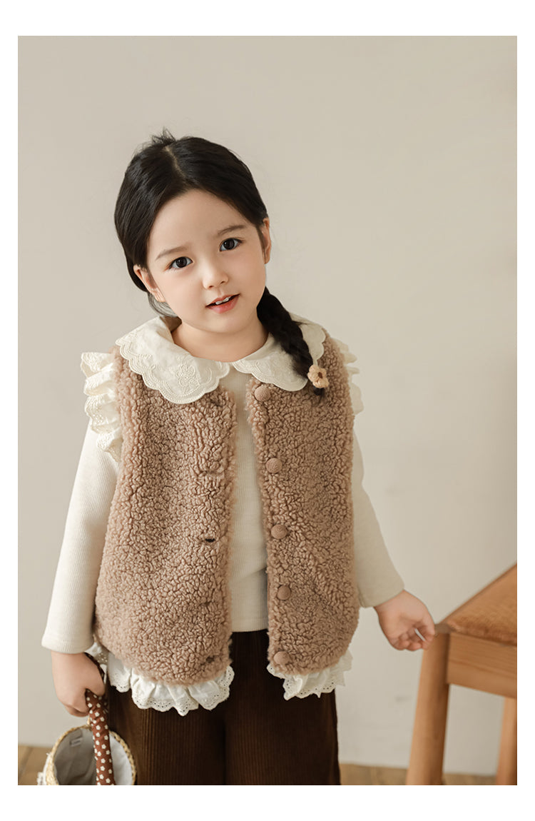 Girls Lace Trim Faux Shearling Teddy Vest, Latte
