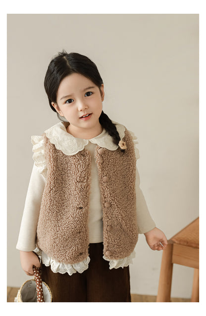 Girls Lace Trim Faux Shearling Teddy Vest, Latte