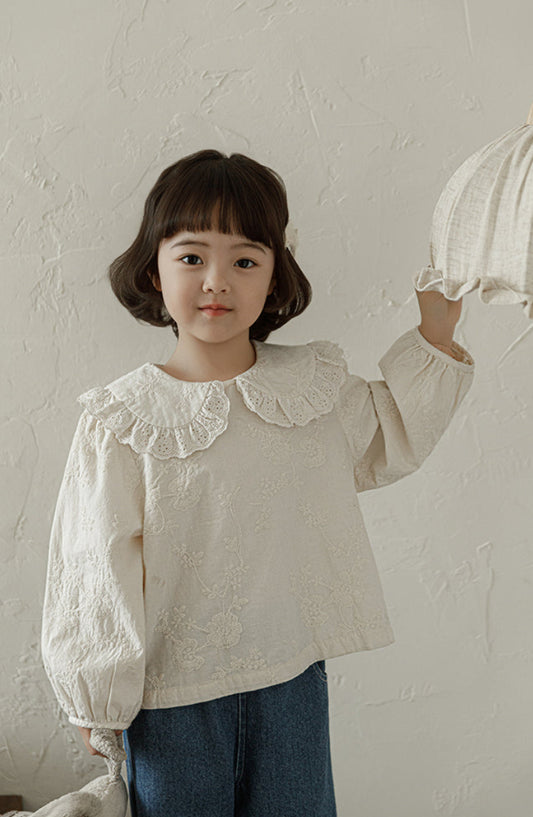 Floral Embroidered Lace Collar Blouse, Ivory