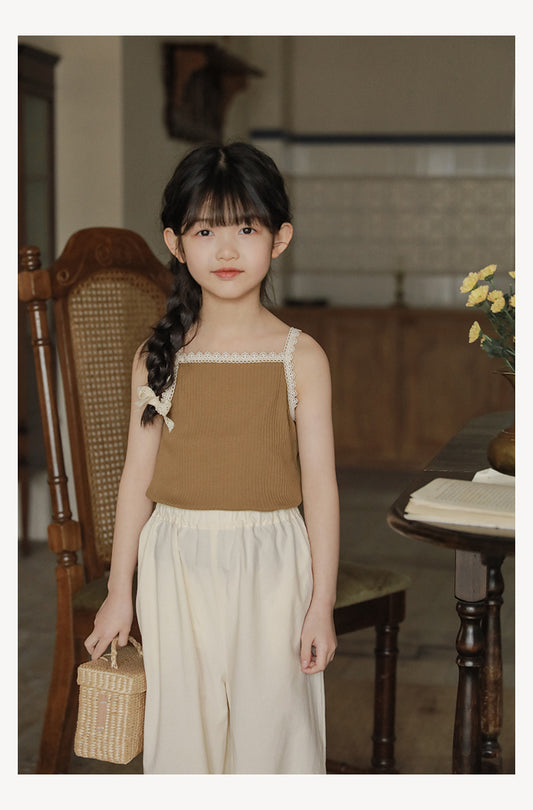 Girls Lace Trim Ribbed Strap Top, Khaki