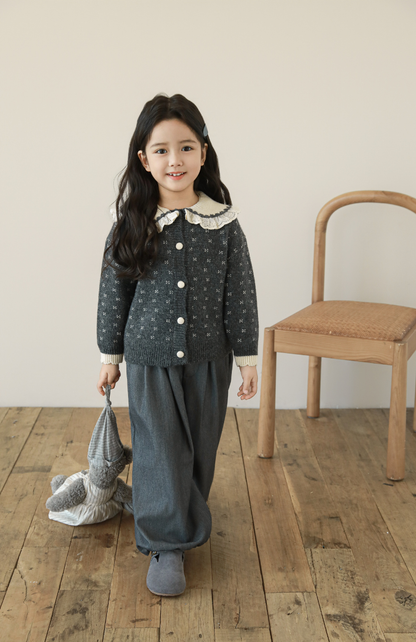 Girls Lace Collar Knit Cardigan, Grey Floral