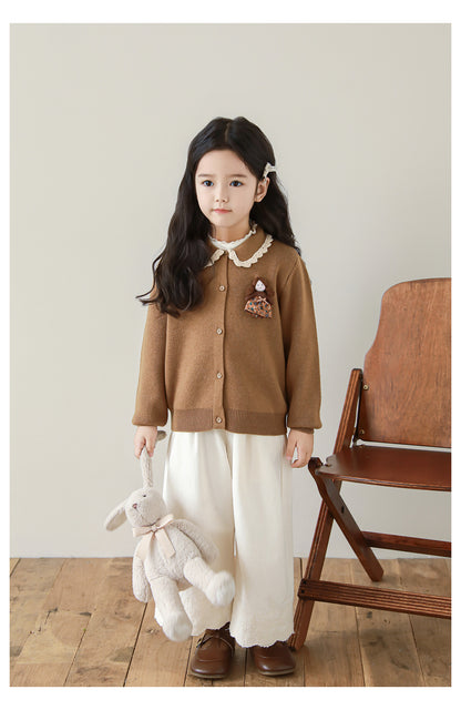 Girls Lace Collar Doll Detail Cardigan, Camel