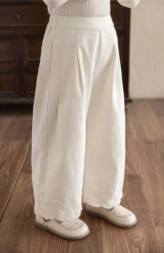 Girls Lace Embroidered Pleated Trousers, Ivory