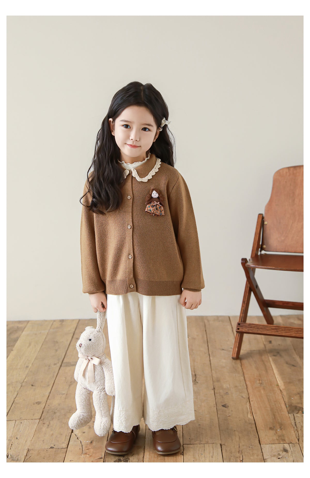 Girls Lace Collar Doll Detail Cardigan, Camel