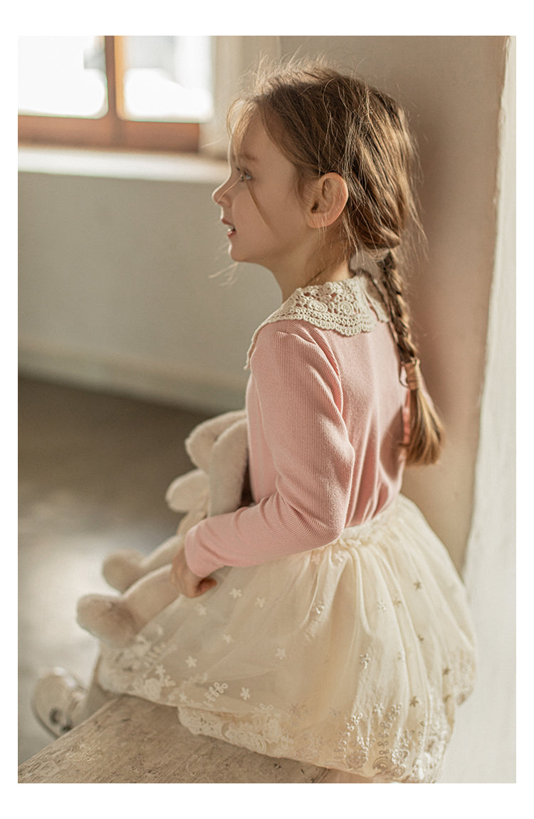 Girls Chiffon Layered Lace Embroidered Skirt, Ivory