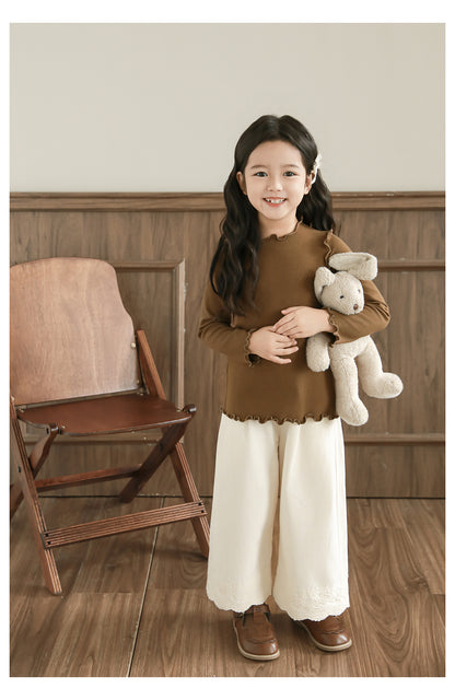 Girls Lace Trim Wide-Leg Trousers, Ivory