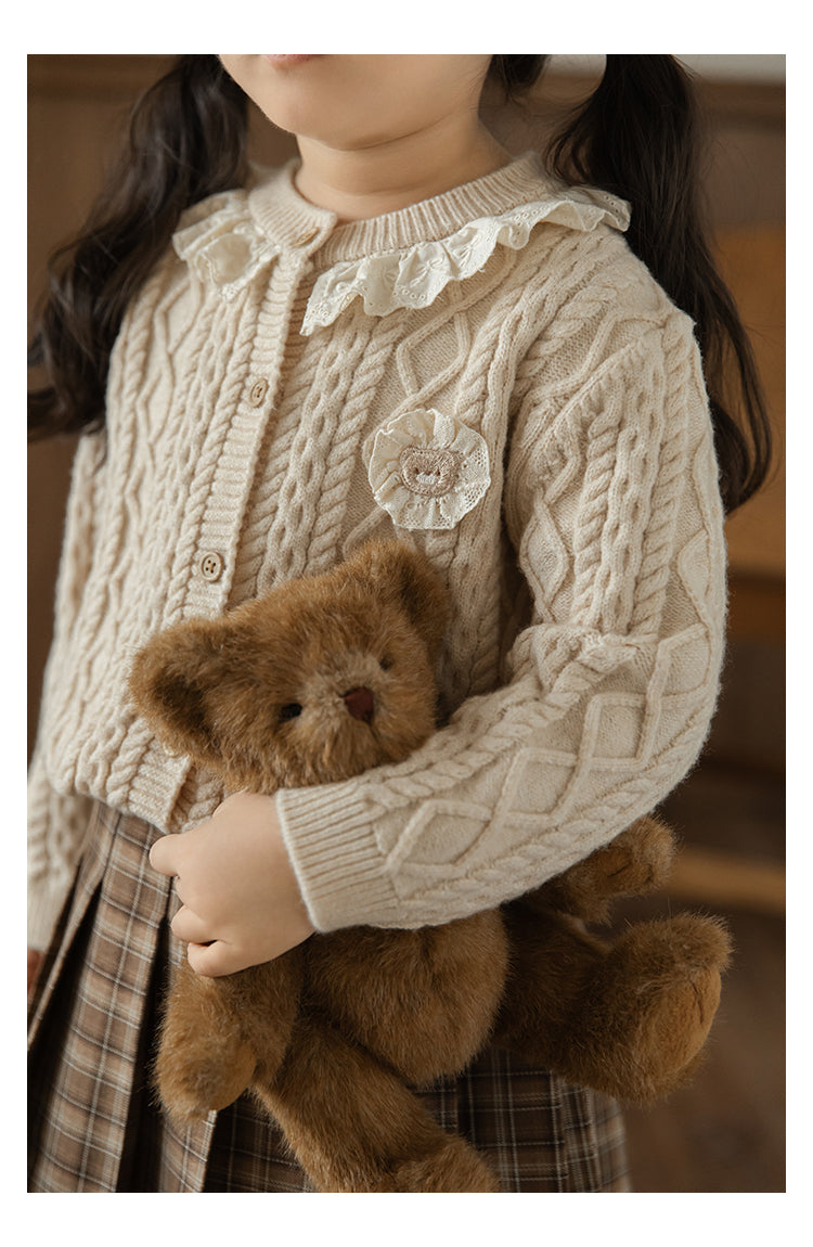 Baby Girl Bear Patch Lace Detail Cardigan, Oat