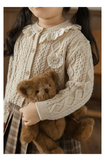 Baby Girl Bear Patch Lace Detail Cardigan, Oat