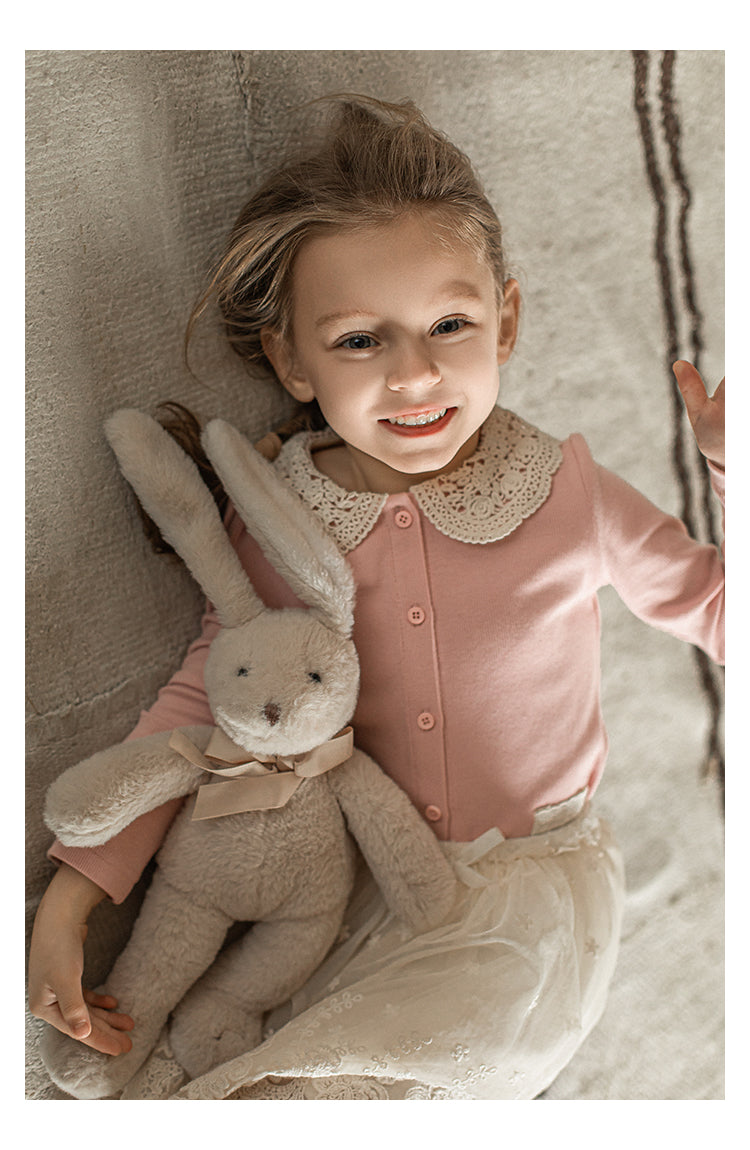 Girls Lace Collar Ribbed Button-Front Blouse, Blush Pink