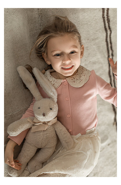 Girls Lace Collar Ribbed Button-Front Blouse, Blush Pink