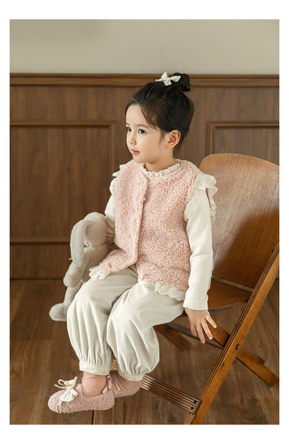 Girls Lace Trim Faux Shearling Teddy Vest, Dusty Pink