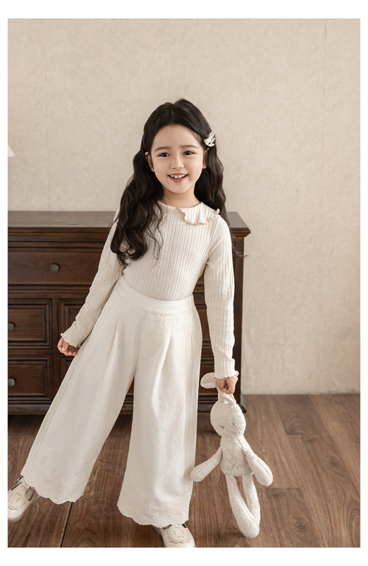 Girls Lace Trim Wide-Leg Trousers, Ivory
