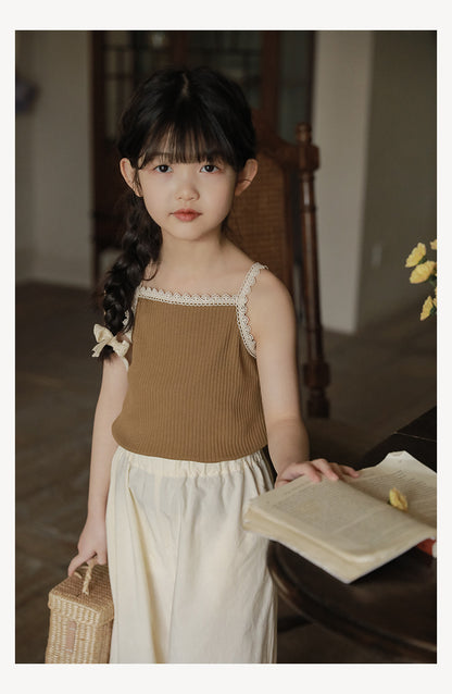 Girls Lace Trim Ribbed Strap Top, Khaki