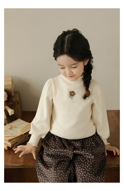 Girls Floral Embroidered Frill Trimmed Top, Oat