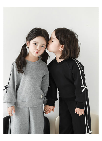 Girls Bow Detail Sweatshirt & Joggers Set, Pebble Grey