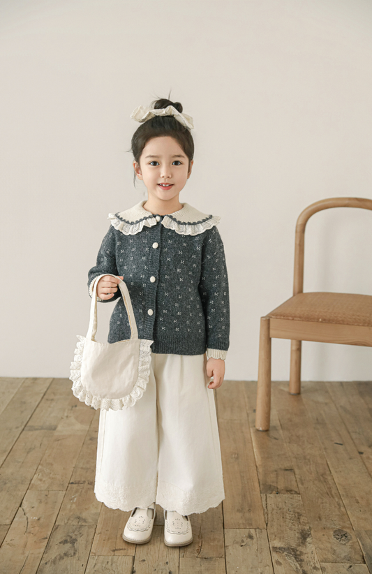 Girls Lace Collar Knit Cardigan, Grey Floral