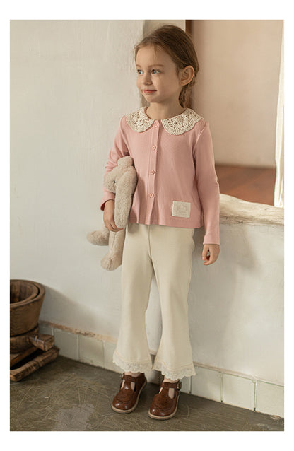 Girls Lace Collar Ribbed Button-Front Blouse, Blush Pink
