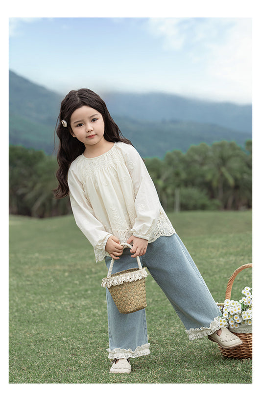 Girls Straight Leg Lace Hem Jeans, Light Blue