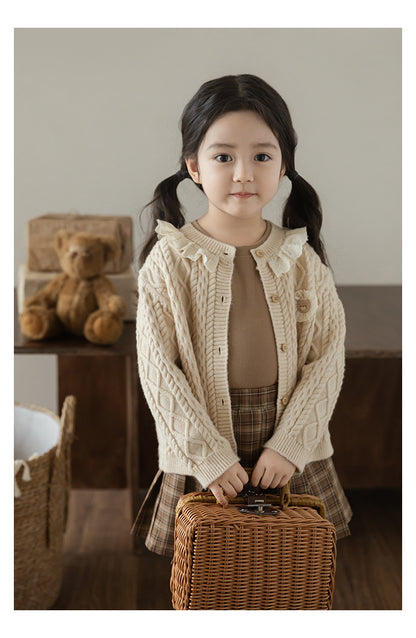 Baby Girl Bear Patch Lace Detail Cardigan, Oat