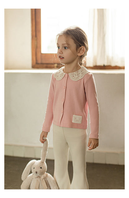 Girls Lace Collar Ribbed Button-Front Blouse, Blush Pink