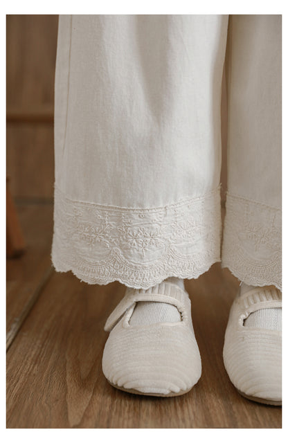 Girls Lace Trim Wide-Leg Trousers, Ivory