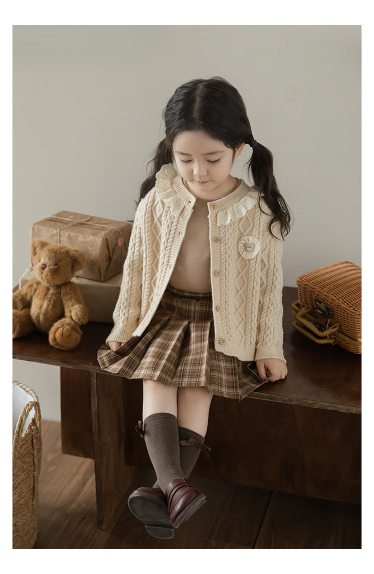 Baby Girl Bear Patch Lace Detail Cardigan, Oat