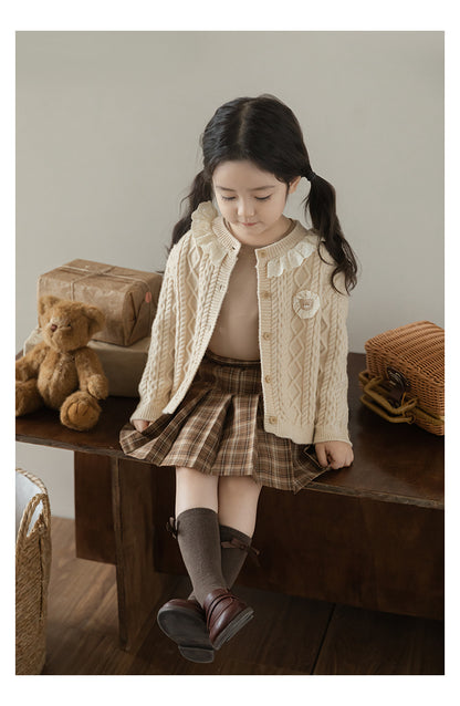 Baby Girl Bear Patch Lace Detail Cardigan, Oat