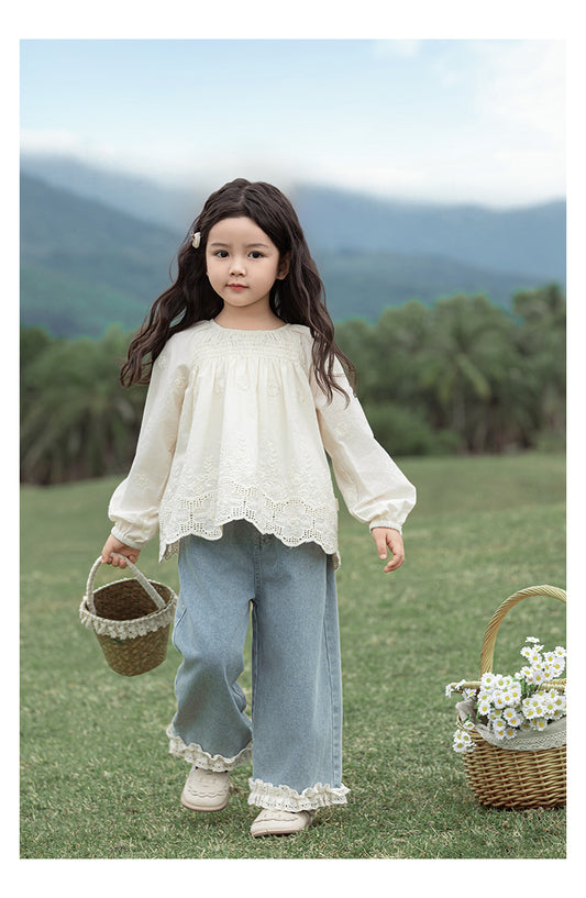 Girls Straight Leg Lace Hem Jeans, Light Blue
