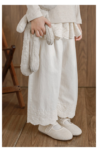 Girls Lace Trim Wide-Leg Trousers, Ivory
