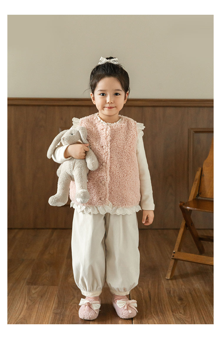 Girls Lace Trim Faux Shearling Teddy Vest, Dusty Pink