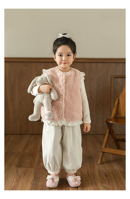 Girls Lace Trim Faux Shearling Teddy Vest, Dusty Pink