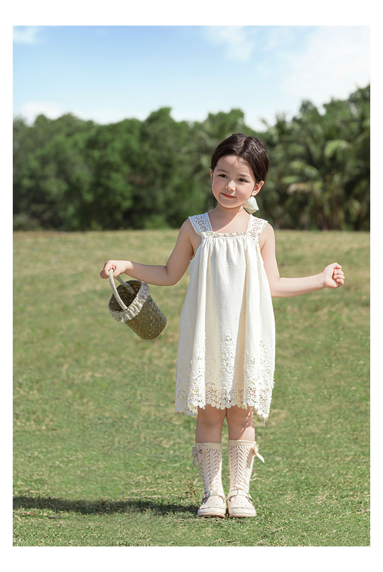 Girls Floral Embroidered Broderie Strap Dress, Ivory