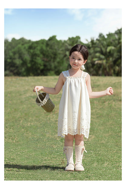 Girls Floral Embroidered Broderie Strap Dress, Ivory