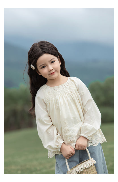 Girls Floral Embroidered Broderie Blouse, Ivory