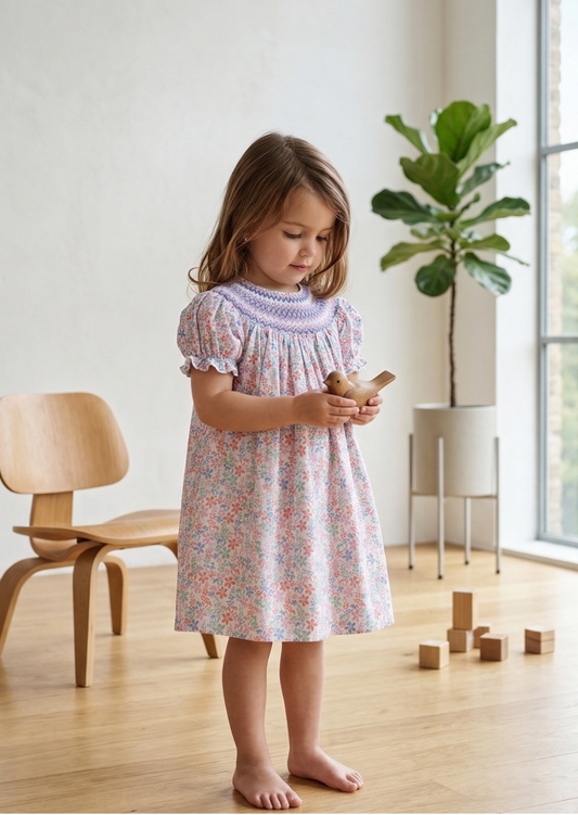 Amelia Smock Bishop Dress, Lavender Garden