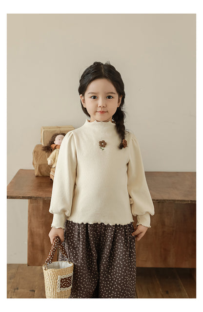 Girls Floral Embroidered Frill Trimmed Top, Oat