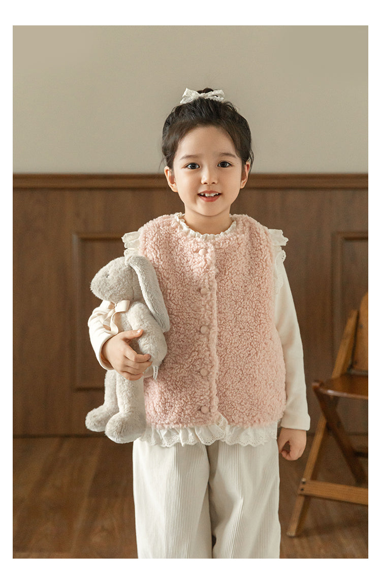 Girls Lace Trim Faux Shearling Teddy Vest, Dusty Pink